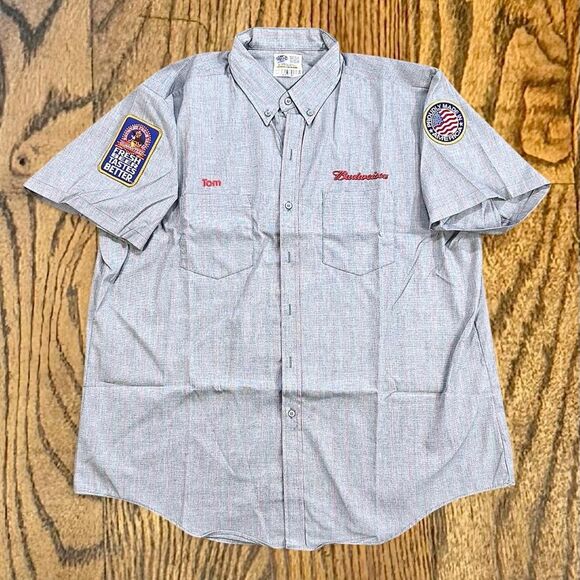 Vintage 80’s Budweiser Embroidered Employee Button Up Work Shirt with Patches - Picture 1 of 8